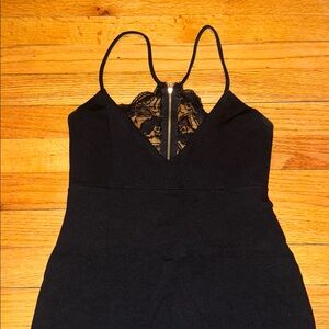 Black Midi V Neck Lace-Back Dress